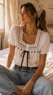 Crochet Lace+Ribbon Trim Cotton Top