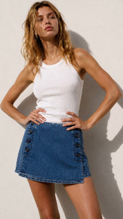 Double Button Stretch Denim Skort