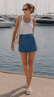 Double Button Stretch Denim Skort