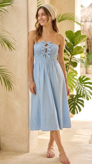 Bow Smocked Bodice Strapless Midi Dress
