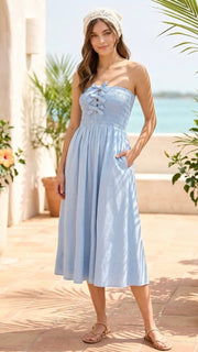 Bow Smocked Bodice Strapless Midi Dress