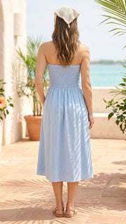 Bow Smocked Bodice Strapless Midi Dress
