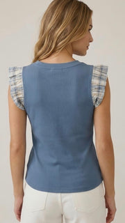 Plaid Ruffle Shoulder Ribbed Knit Top