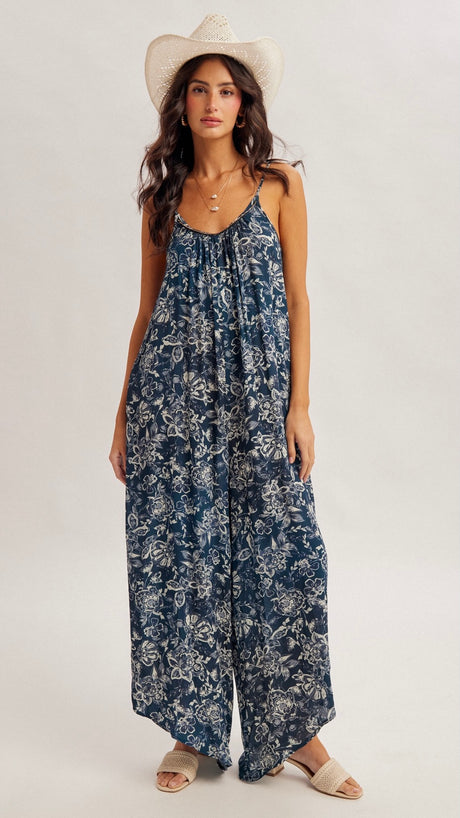 Beaded Trim Floral Cami Jumpsuit