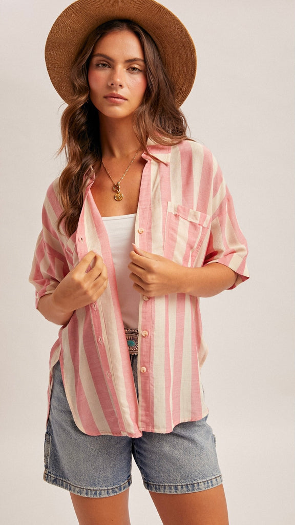 Collared V-Neck Stripe S/Slv Top