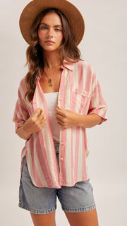 Collared V-Neck Stripe S/Slv Top