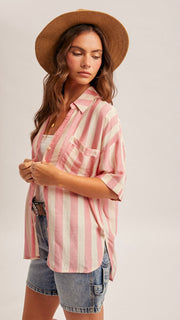 Collared V-Neck Stripe S/Slv Top