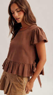 Flutter Sleeve Side Tie Peplum Top