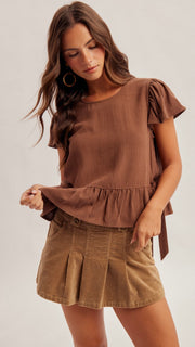 Flutter Sleeve Side Tie Peplum Top