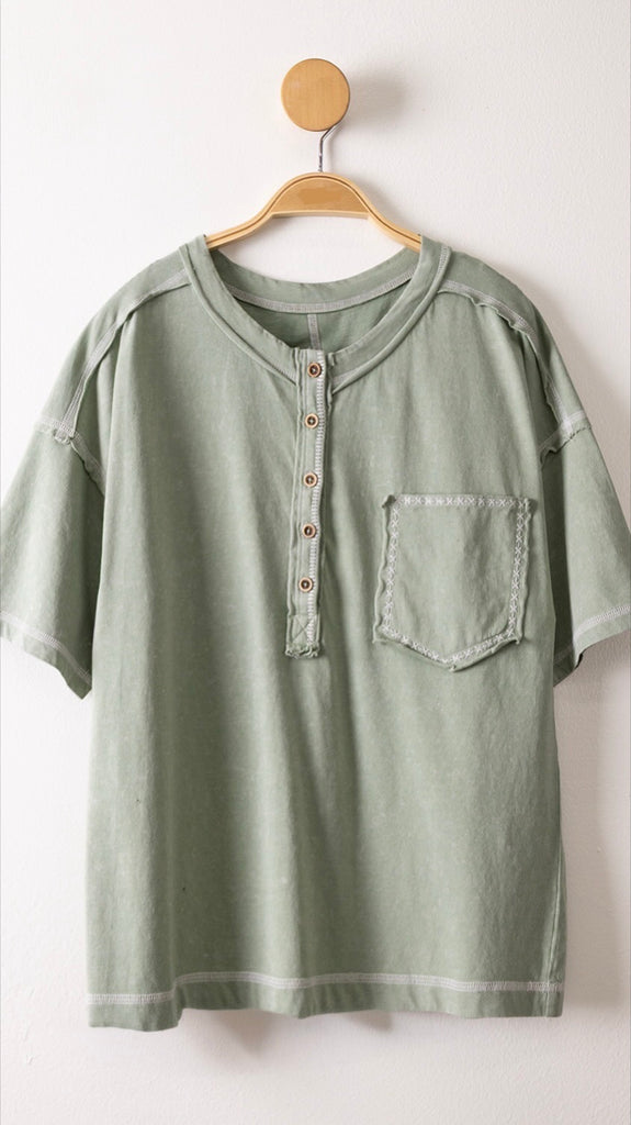 Contrast Embroider Henley Knit Top