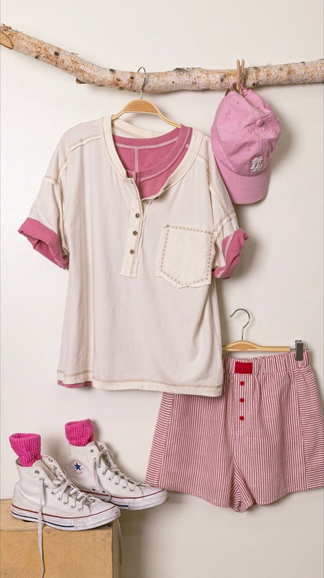 Contrast Embroider Henley Knit Top