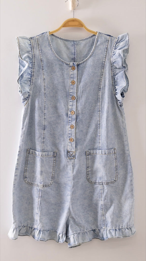 Cotton Denim Ruffle Trim Romper