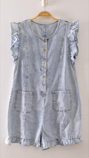 Cotton Denim Ruffle Trim Romper