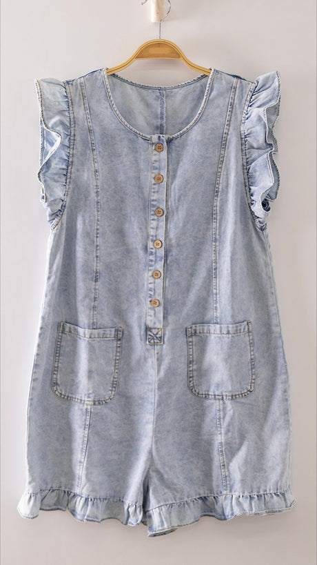 Cotton Denim Ruffle Trim Romper