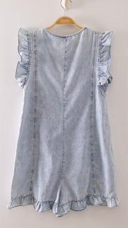 Cotton Denim Ruffle Trim Romper