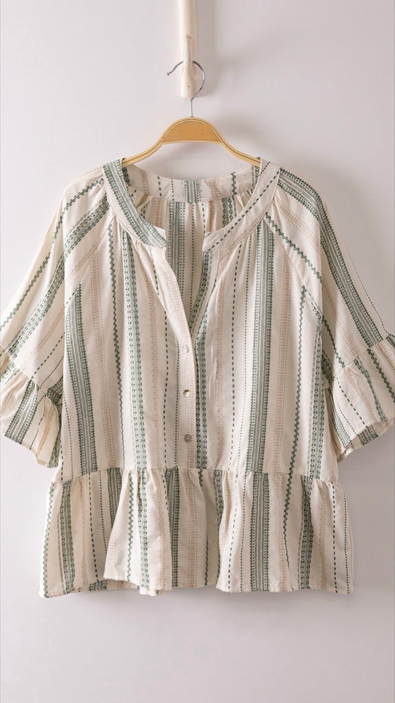 Mixed Stripe Ruffle Trim Top