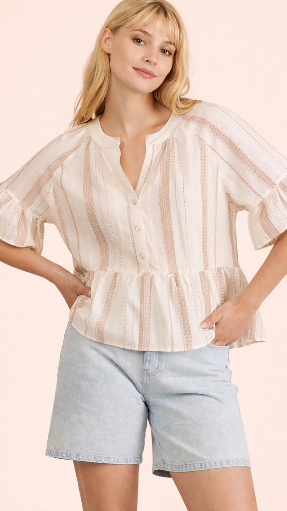 Mixed Stripe Ruffle Trim Top