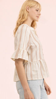 Mixed Stripe Ruffle Trim Top