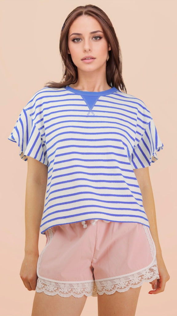 Terry Knit Stripe Flutter Slv Top