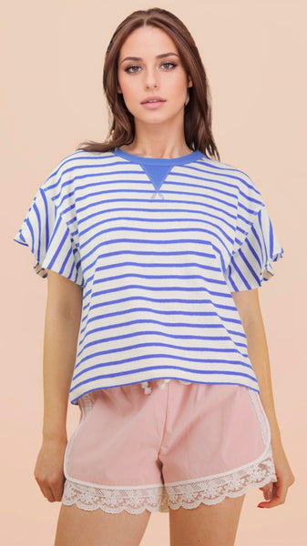 Terry Knit Stripe Flutter Slv Top