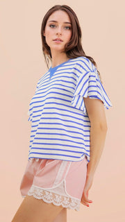 Terry Knit Stripe Flutter Slv Top