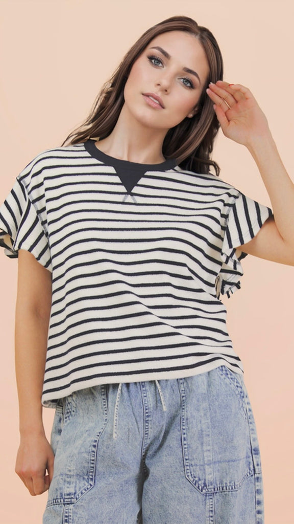 Terry Knit Stripe Flutter Slv Top