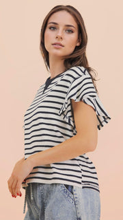 Terry Knit Stripe Flutter Slv Top