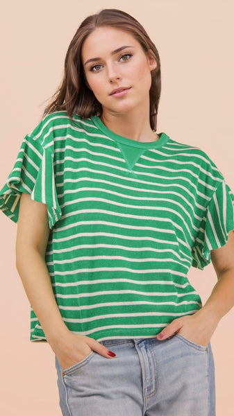Terry Knit Stripe Flutter Slv Top
