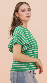Terry Knit Stripe Flutter Slv Top