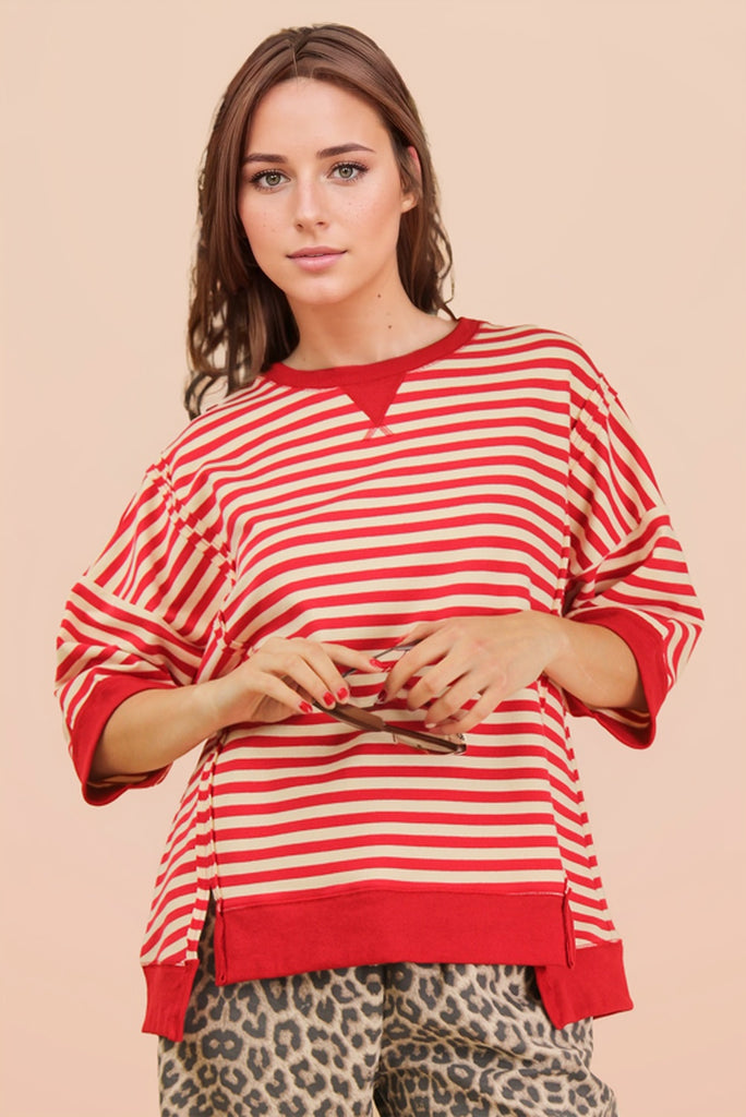 Stripe Step Hem Half Sleeve Top