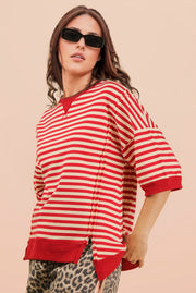 Stripe Step Hem Half Sleeve Top