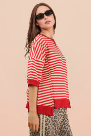 Stripe Step Hem Half Sleeve Top