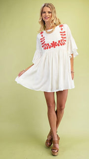 Embroidered Bib Flutter Sleeve Dress