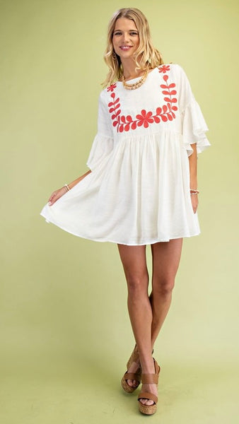 Embroidered Bib Flutter Sleeve Dress