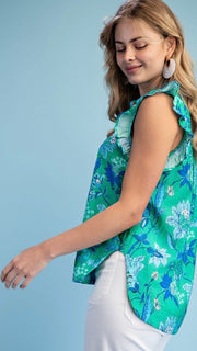 Floral Ruffle Shoulder Sleeveless Top