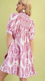 Medallion Puff Sleeve Smocked Trim Dress
