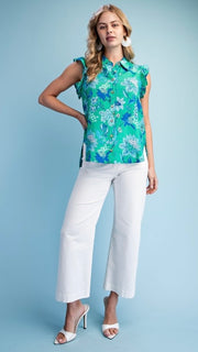 Floral Ruffle Shoulder Sleeveless Top