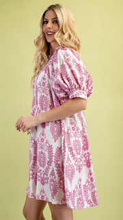Medallion Puff Sleeve Smocked Trim Dress