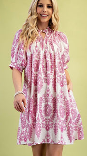 Medallion Puff Sleeve Smocked Trim Dress