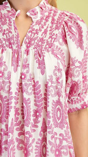Medallion Puff Sleeve Smocked Trim Dress