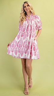 Medallion Puff Sleeve Smocked Trim Dress