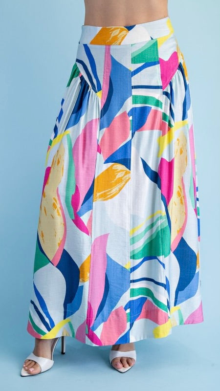 Basque Waist Abstract Maxi Skirt