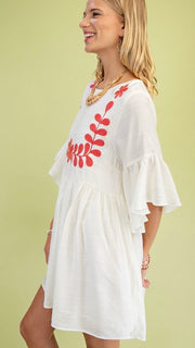 Embroidered Bib Flutter Sleeve Dress