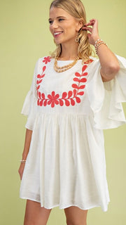 Embroidered Bib Flutter Sleeve Dress
