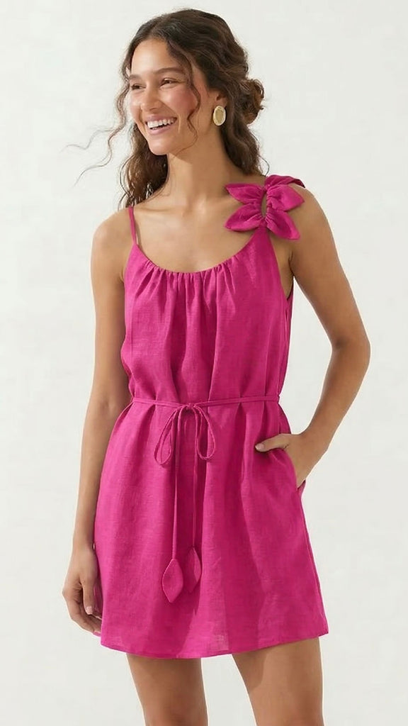 Flower Shoulder Linen Blend Dress