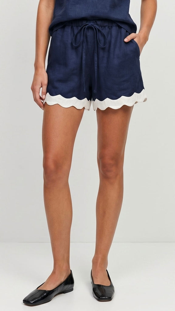 Scallop Hem Linen Blend Shorts