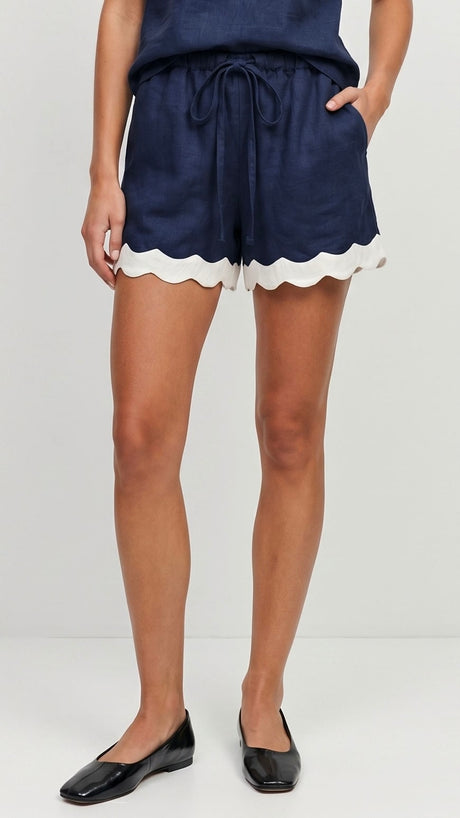 Scallop Hem Linen Blend Shorts