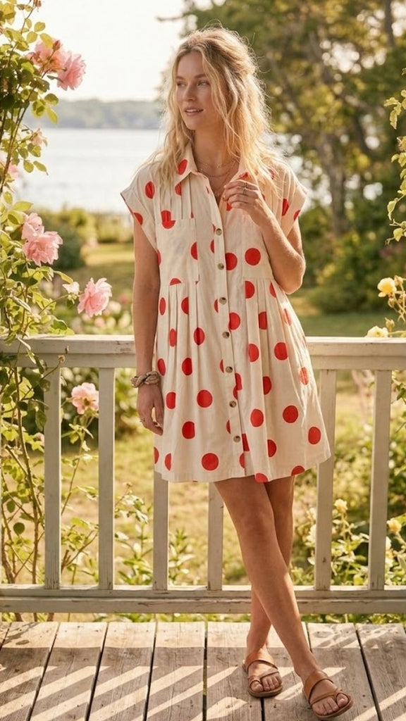 Polka Dot Pleat Front Cotton Dress