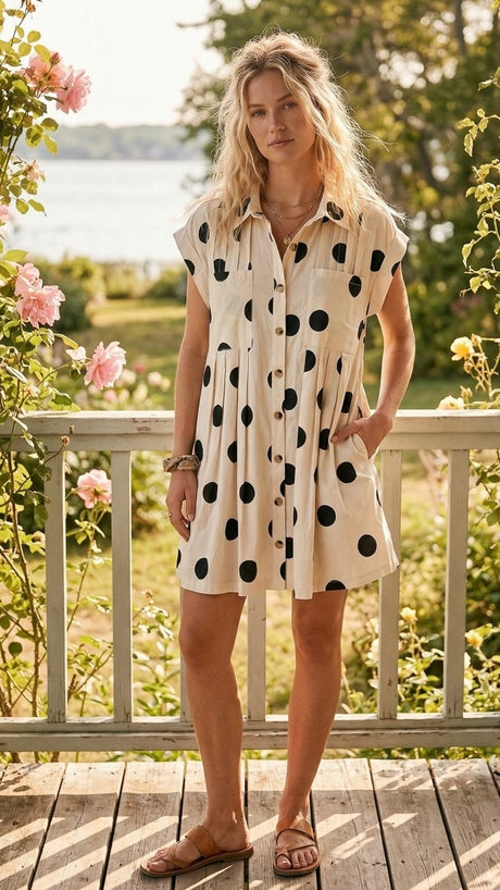 Polka Dot Pleat Front Cotton Dress