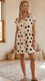 Polka Dot Pleat Front Cotton Dress